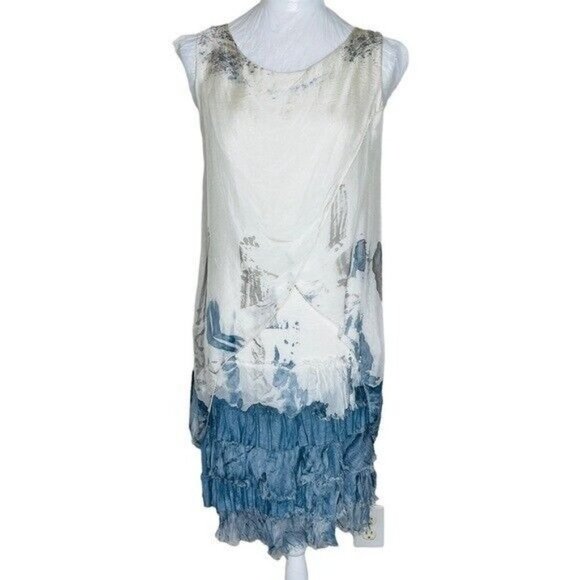OBSESSION Milan London PARIS 8906M TIE DYE TIERED SILK DRESS DENIM Size Small - Picture 2 of 7